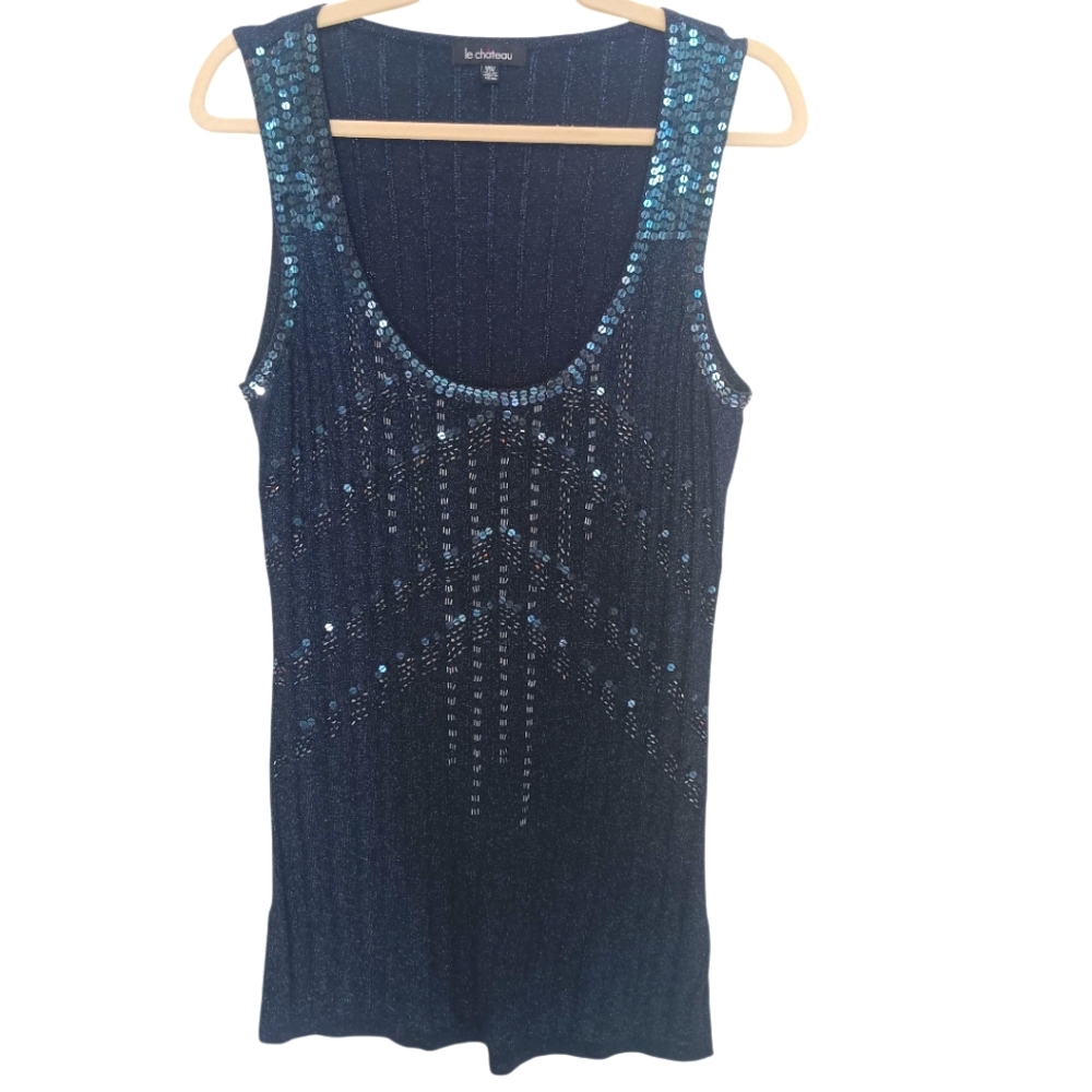 Le Chateau Tank Top Women's Size‎ XXL Black/Blue Sequin Stretch Ribbed Long
